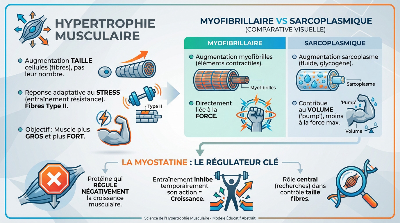 Infographie détaillant les mécanismes cellulaires de l'hypertrophie musculaire et la synthèse protéique