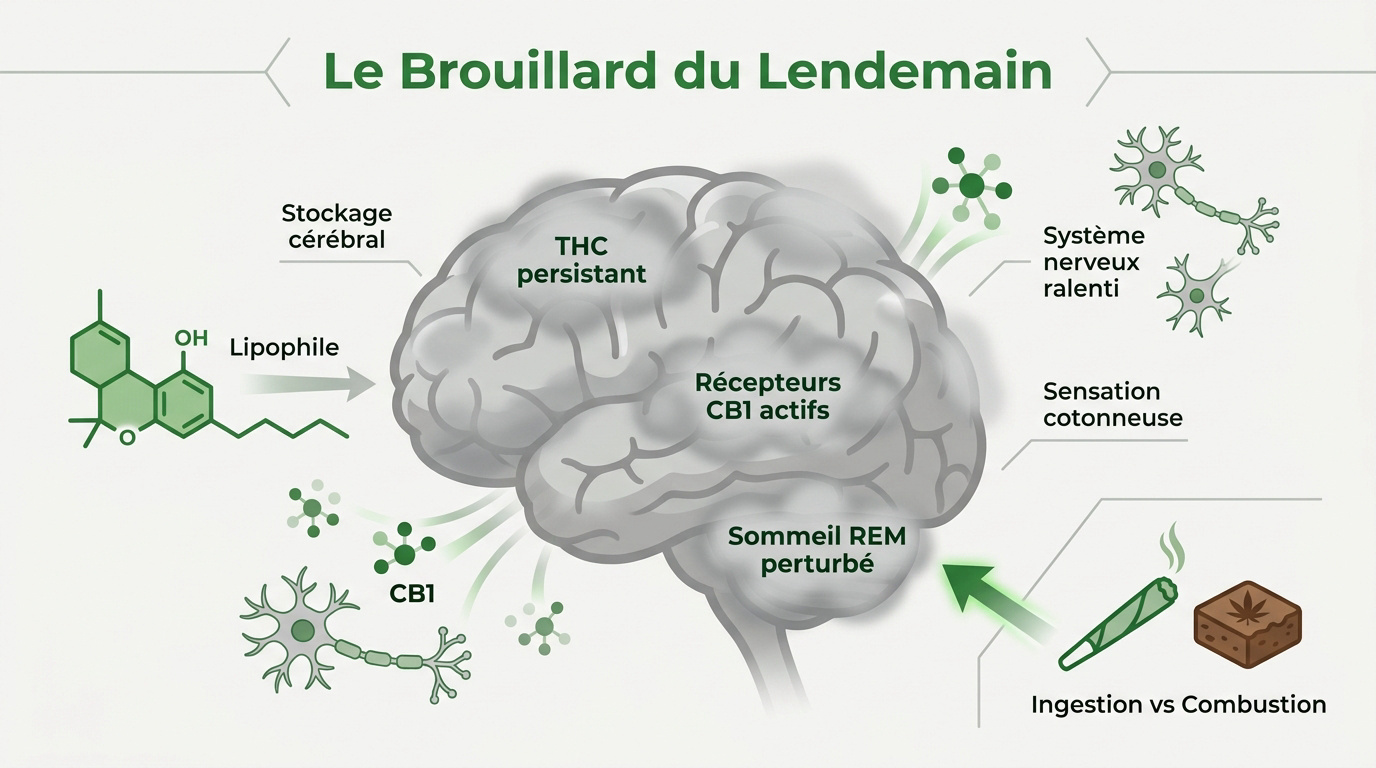 Illustration de l'impact du THC sur le cerveau et l'effet de brouillard mental le lendemain
