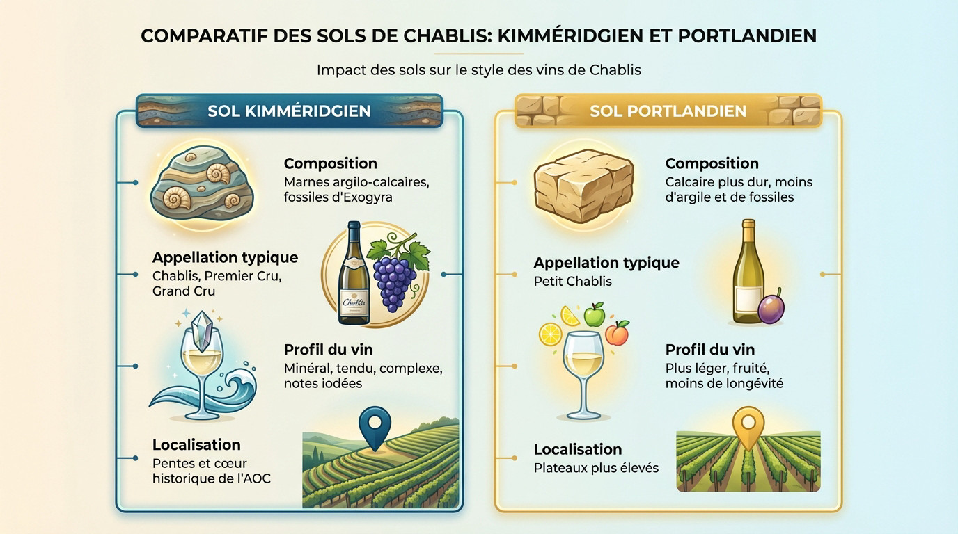Comparatif géologique entre le sol Kimméridgien riche en fossiles et le sol Portlandien sur les plateaux de Chablis
