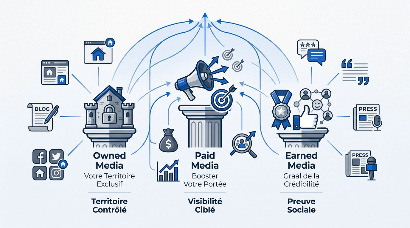 Schéma explicatif de la stratégie mix média Owned Paid and Earned Media