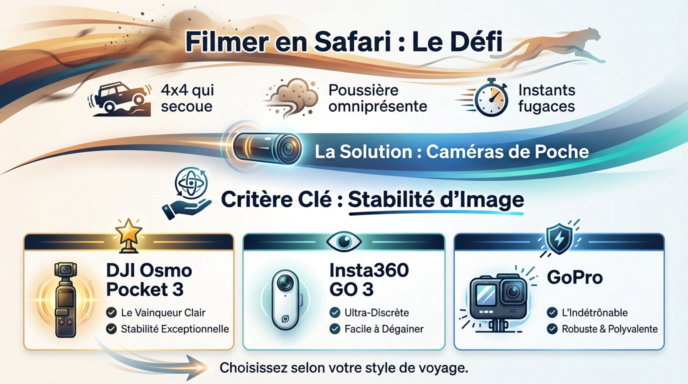 Touriste en safari filmant avec une caméra de poche stabilisée depuis un 4x4