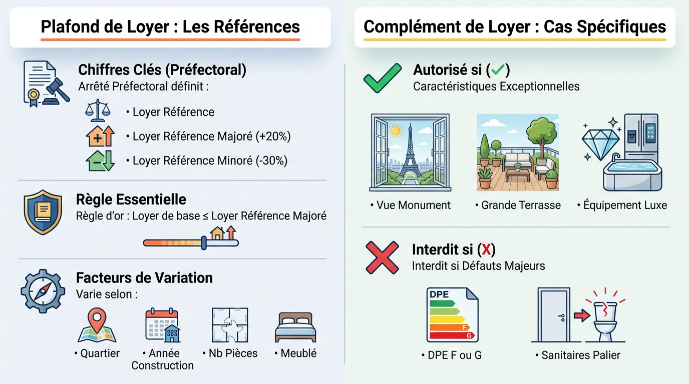 Schéma explicatif des plafonds et du <strong>complément de loyer</strong> en zone tendue”></p>
<h3>Le cas particulier du “complément de loyer”</h3>
<p>Un propriétaire peut demander un “complément de loyer” sous conditions très strictes. Cela s’applique si, et seulement si, le logement présente des caractéristiques de confort ou de localisation exceptionnelles.</p>
<p>Pensez à une <strong>vue imprenable sur un monument</strong> comme la Tour Eiffel, une terrasse hors normes ou un équipement de luxe.</p>
<p>Mais attention, ce complément est strictement interdit si le logement a des défauts majeurs. C’est le cas avec une note DPE F ou G ou des sanitaires sur le palier. <strong>On ne peut pas facturer un extra pour un logement médiocre</strong>.</p>
<h2 id=