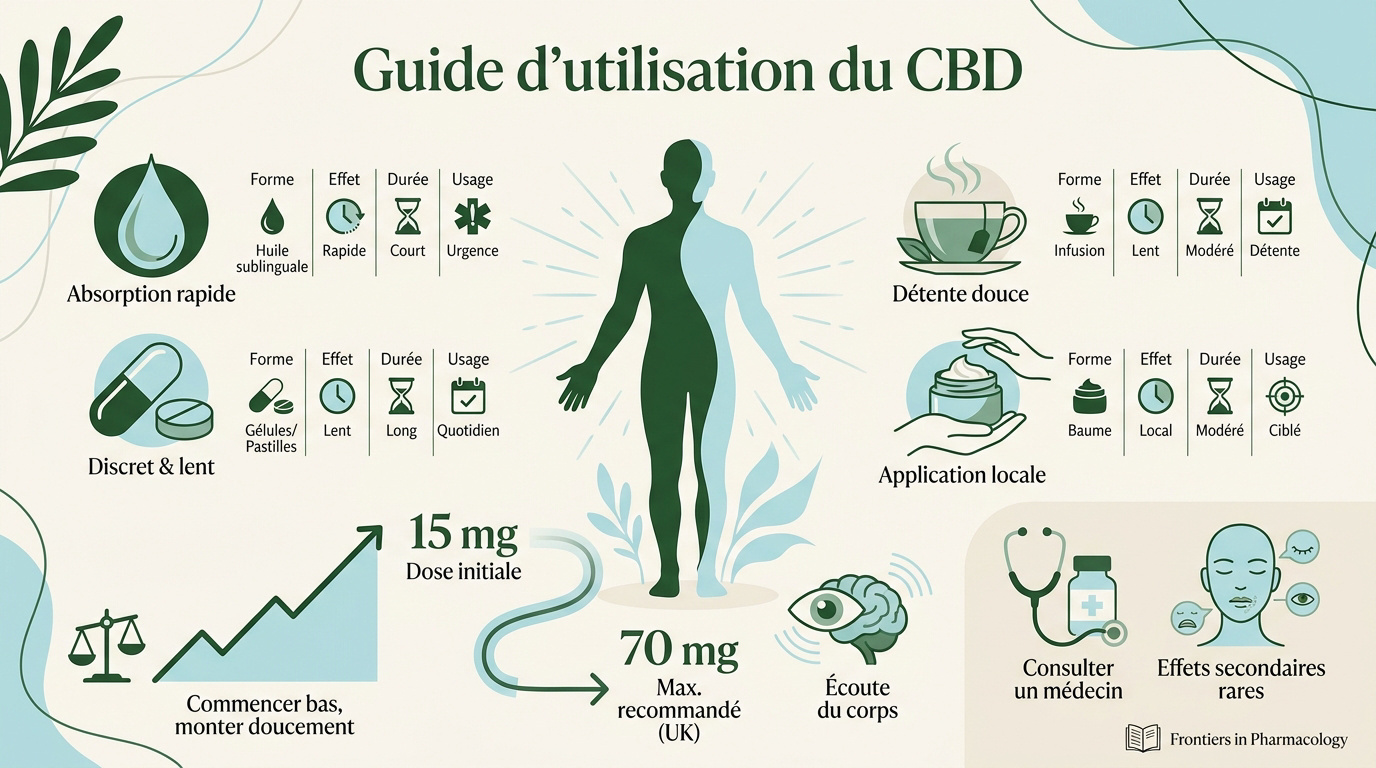 Flacon d'huile de CBD et gélules pour la gestion du stress et de la fatigue