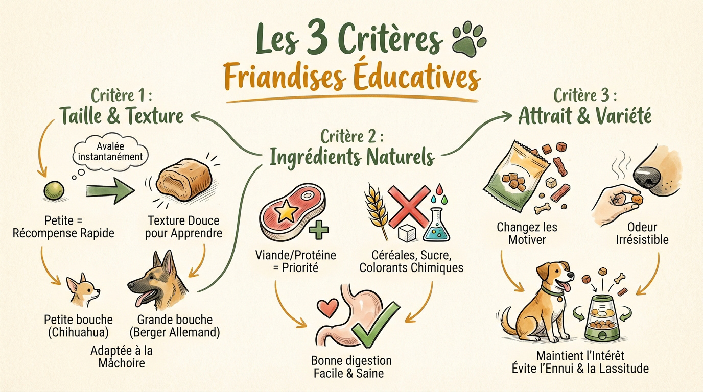 Infographie présentant les critères de taille, texture et composition pour une friandise d'éducation canine naturelle