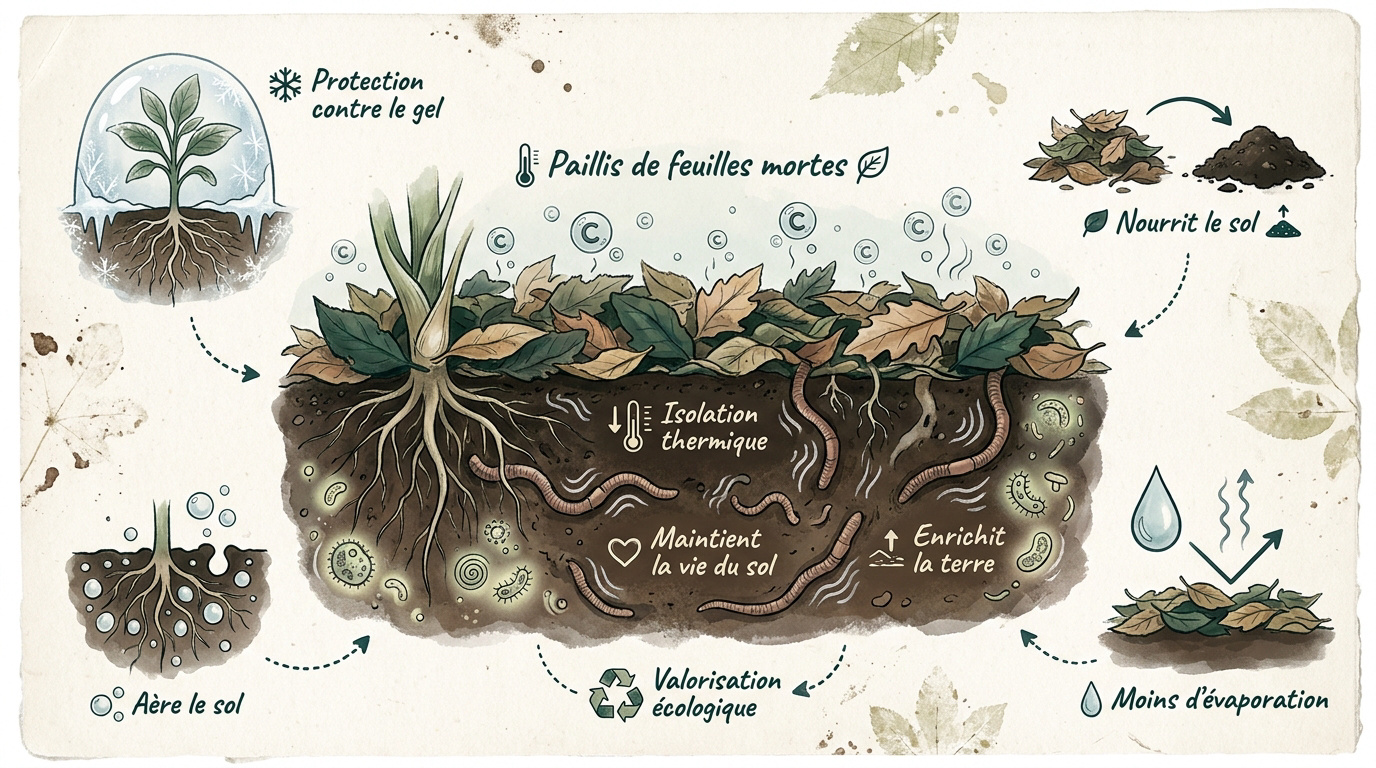 Paillis de feuilles mortes étalé au pied des arbres pour protéger le sol en automne