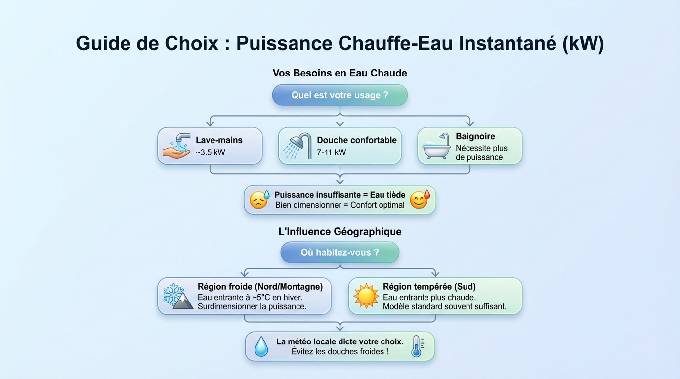 Tableau indicatif pour le choix de puissance d'un chauffe-eau instantané