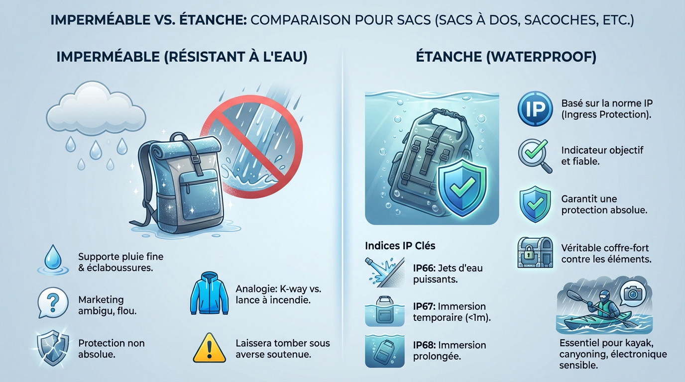 Comparaison visuelle entre un sac résistant à l'eau et un sac à dos étanche sous la pluie