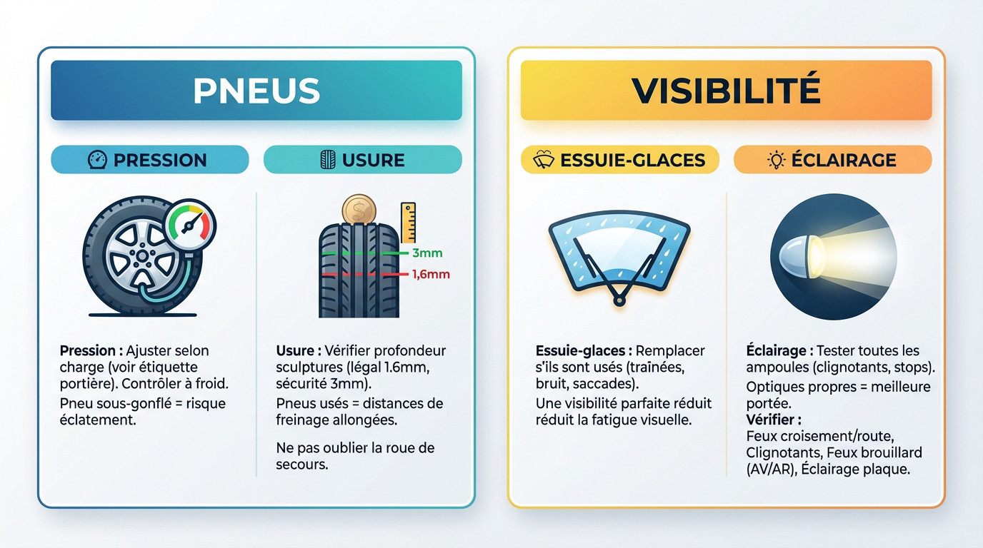 Contrôle des pneus et de la visibilité du véhicule avant un départ en vacances
