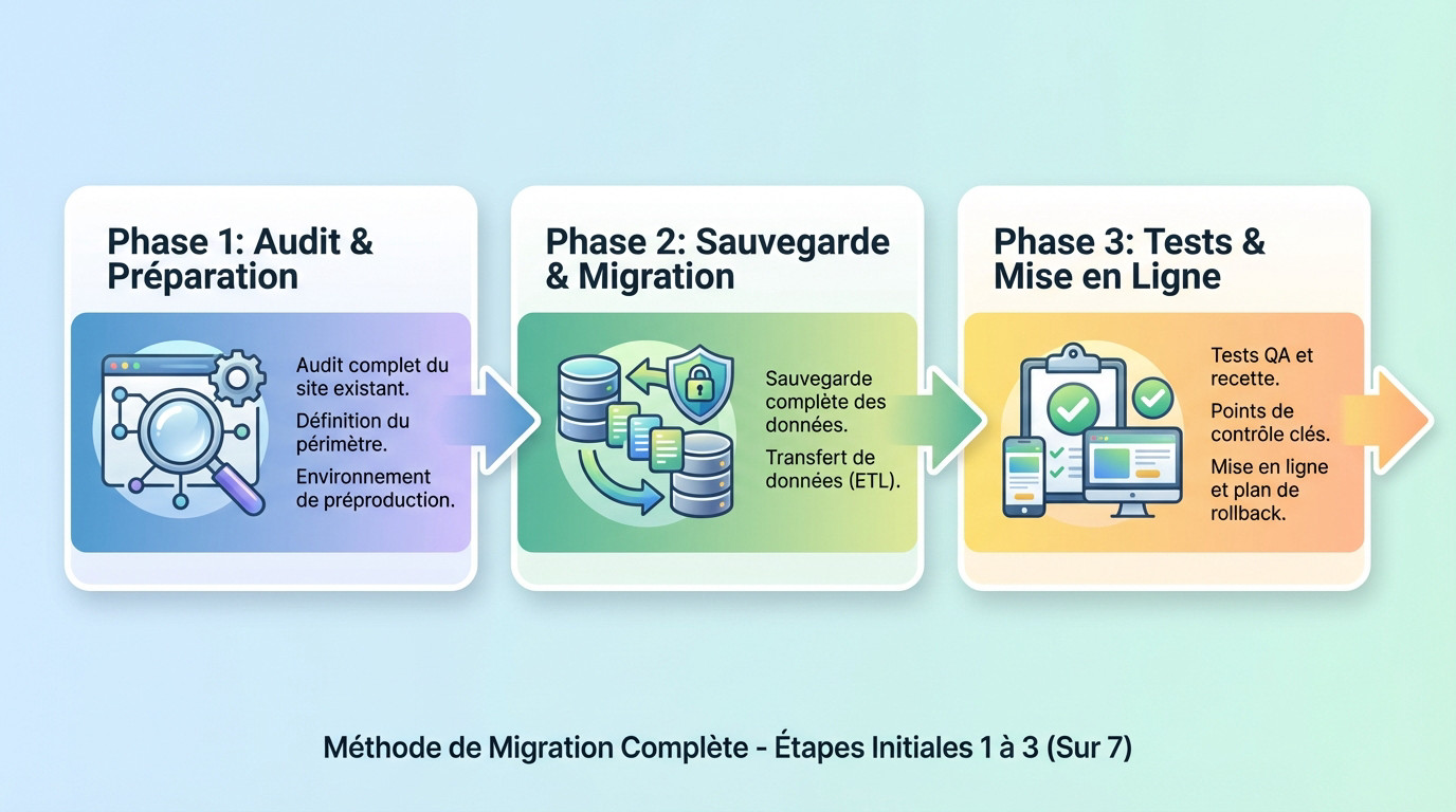 Schéma du processus de migration de site web incluant audit, sauvegarde et tests de performance