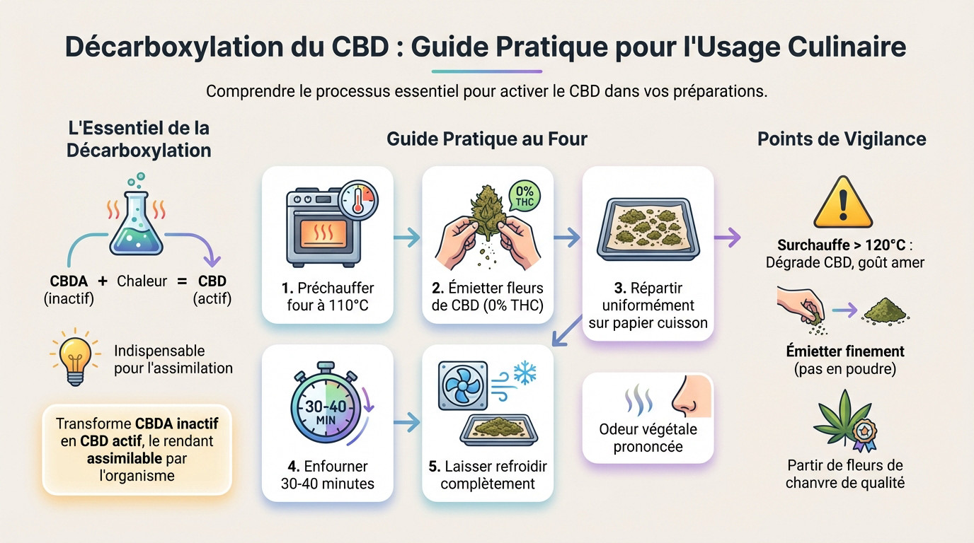 Fleurs de CBD émiettées sur une plaque de cuisson prêtes pour la décarboxylation au four