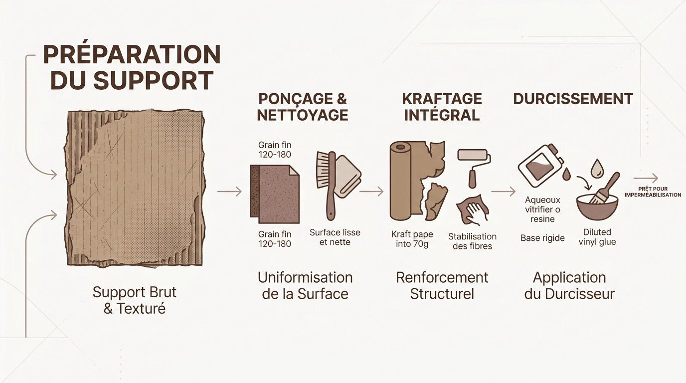 préparation et ponçage d'un meuble en carton avant imperméabilisation