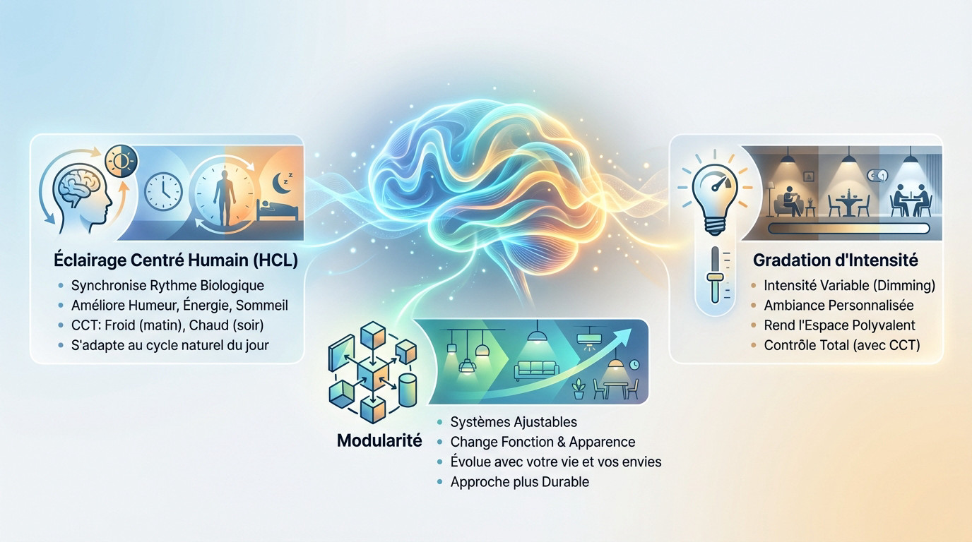 Système d'éclairage intelligent et modulaire ajustant l'intensité lumineuse pour le bien-être dans un salon moderne