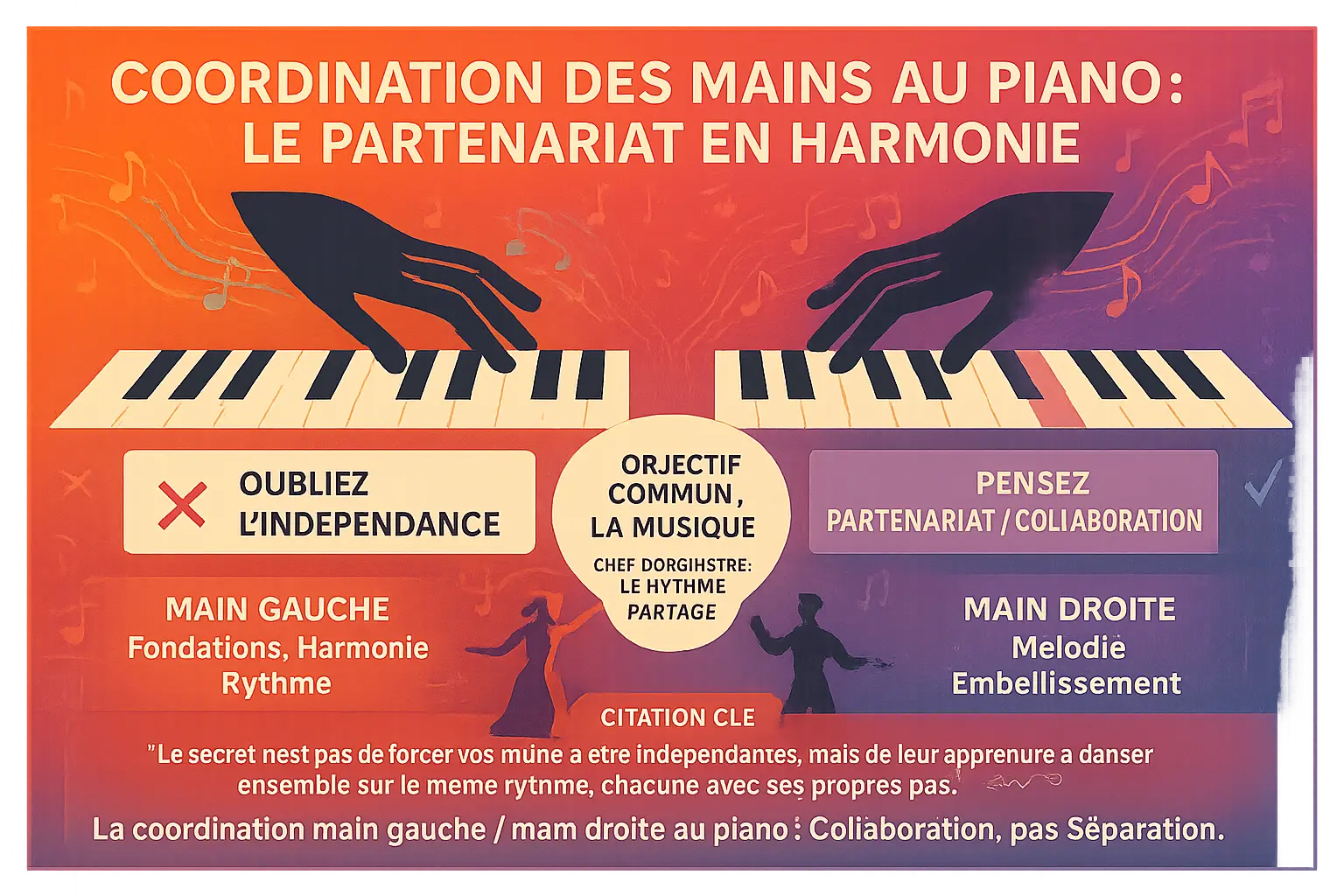 Illustration de deux mains jouant du piano en coordination
