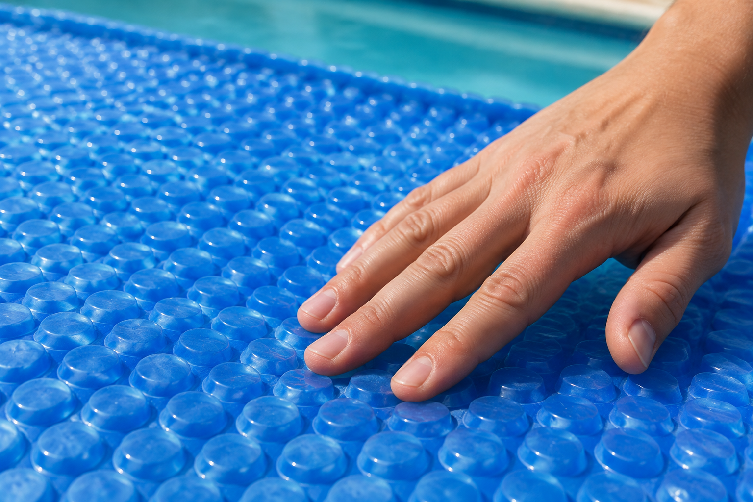 Main touchant la surface à bulles d'une bâche de piscine pour sentir le relief.