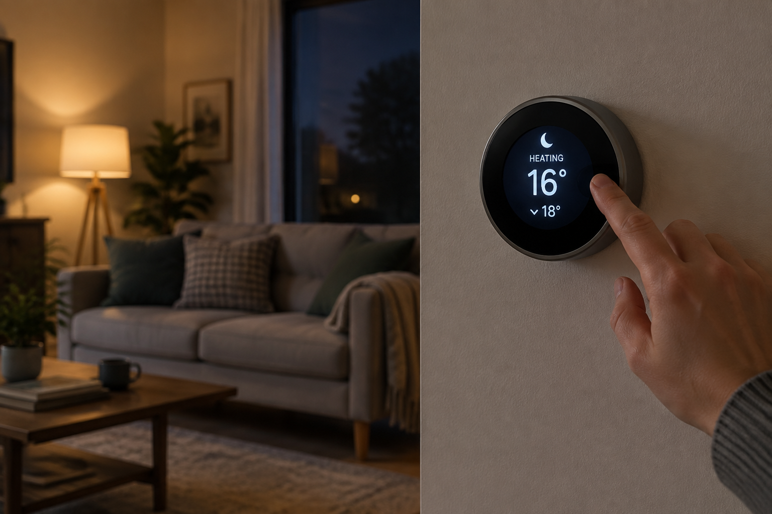 Un thermostat mural en mode nuit avec un radiateur en arrière-plan dans un salon