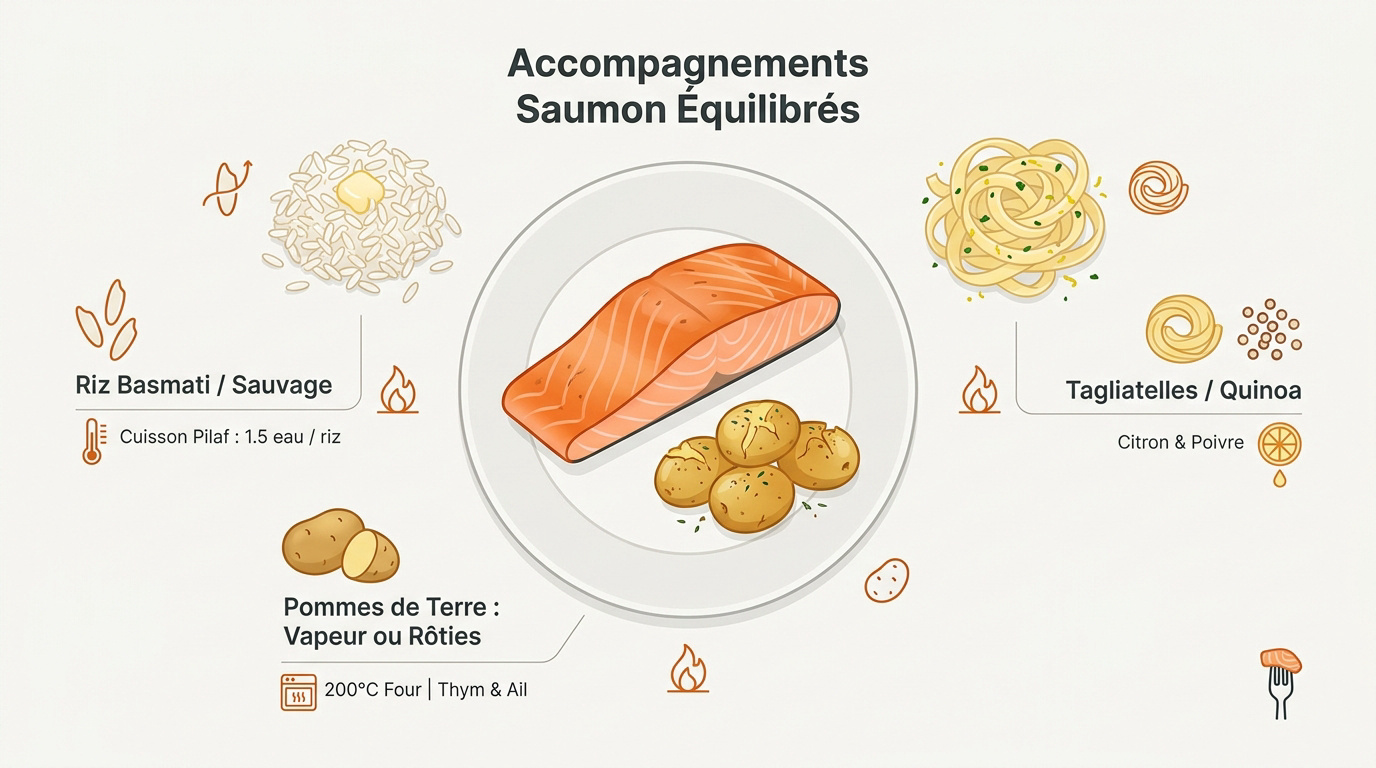 Pavé de saumon poêlé servi avec des pommes de terre grenailles rôties et du riz basmati