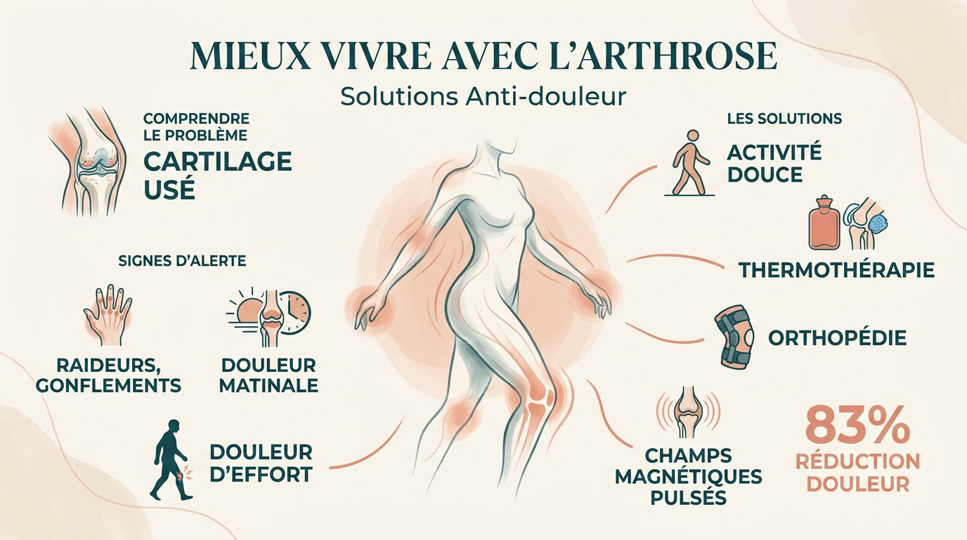 Personne âgée souriante marchant en extérieur, symbolisant le confort articulaire retrouvé