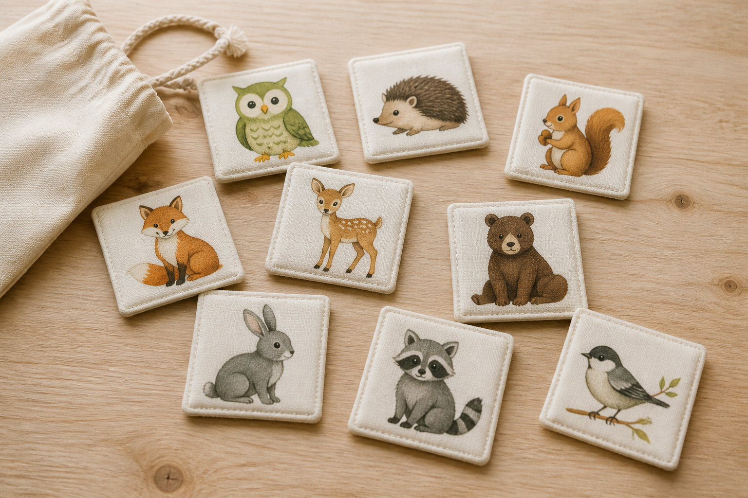 Jeu memory enfant en tissu animaux de la forêt : une promenade sensorielle