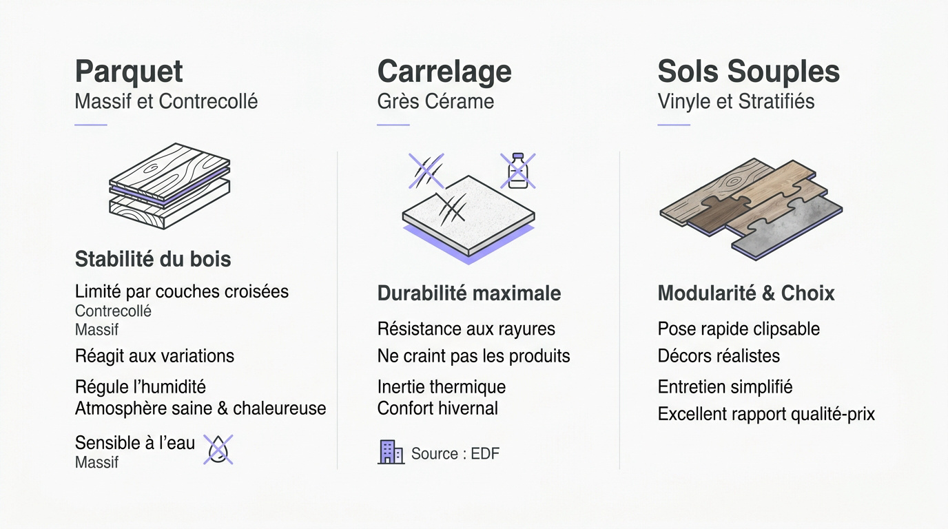 Comparatif visuel entre parquet bois, carrelage en grès et sol souple vinyle
