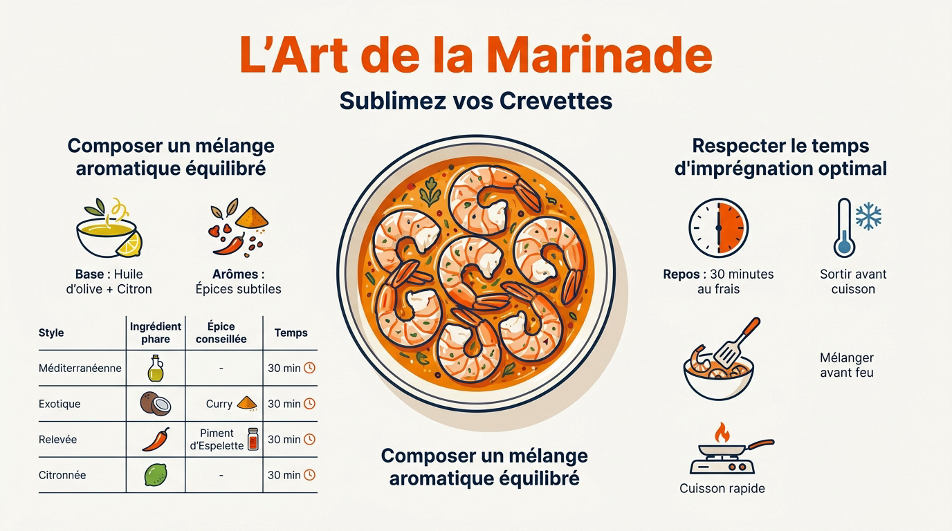 Marinade de crevettes fraîches à l'huile d'olive et aux épices pour plancha
