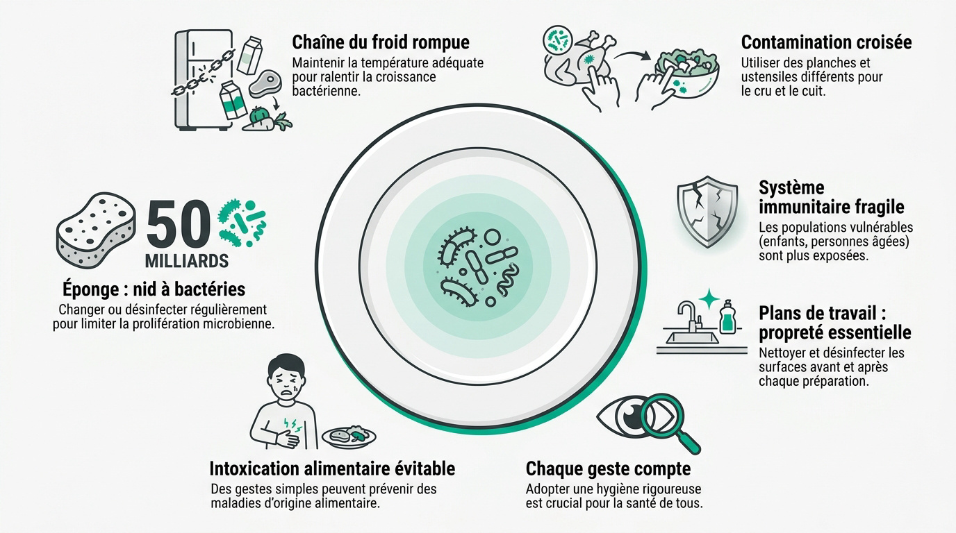 Bactéries invisibles sur un plan de travail de cuisine et planche à découper