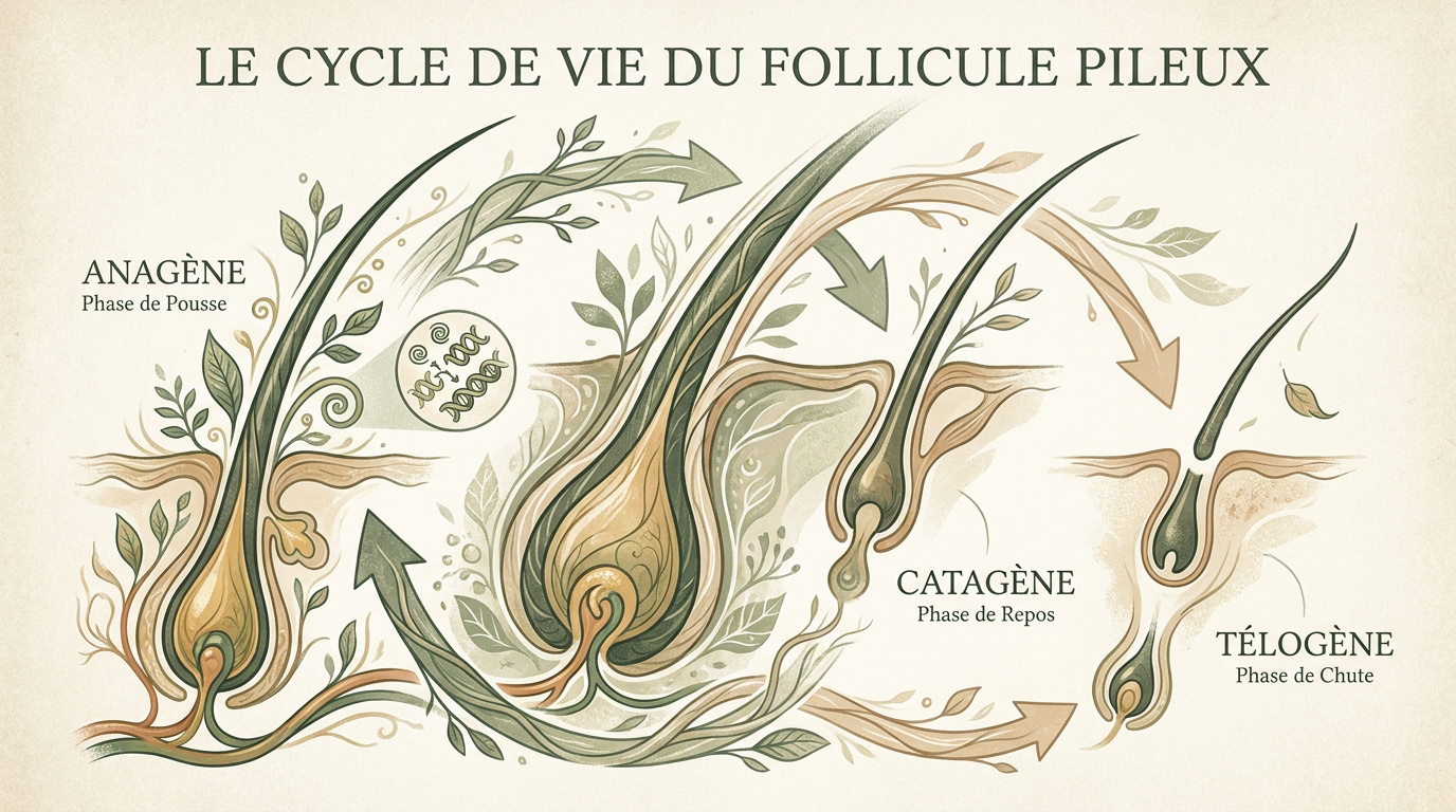 Schéma détaillé du cycle de vie du follicule pileux montrant les phases anagène, catagène et télogène