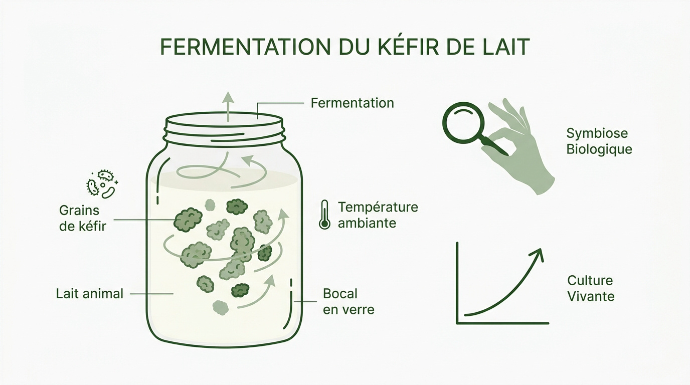 Infographie expliquant les étapes de fermentation du kéfir de lait maison