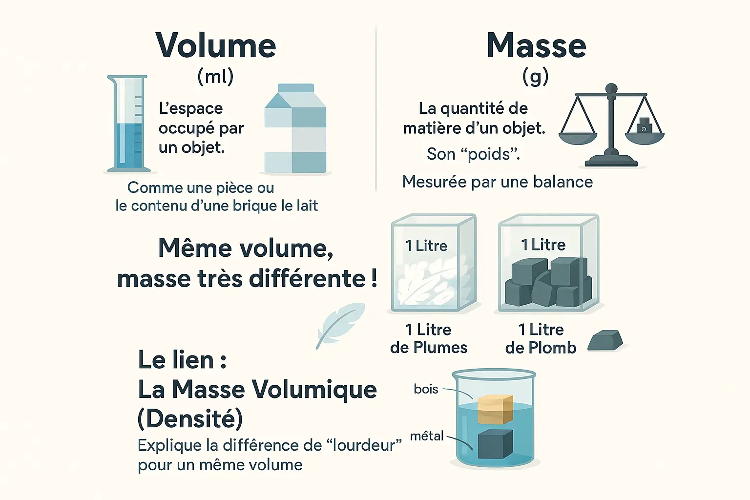 Infographie comparant volume et masse avec des exemples concrets