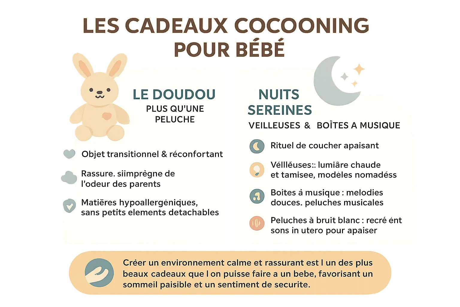 Des cadeaux cocooning pour bébé: doudous, veilleuses et boîtes à musique