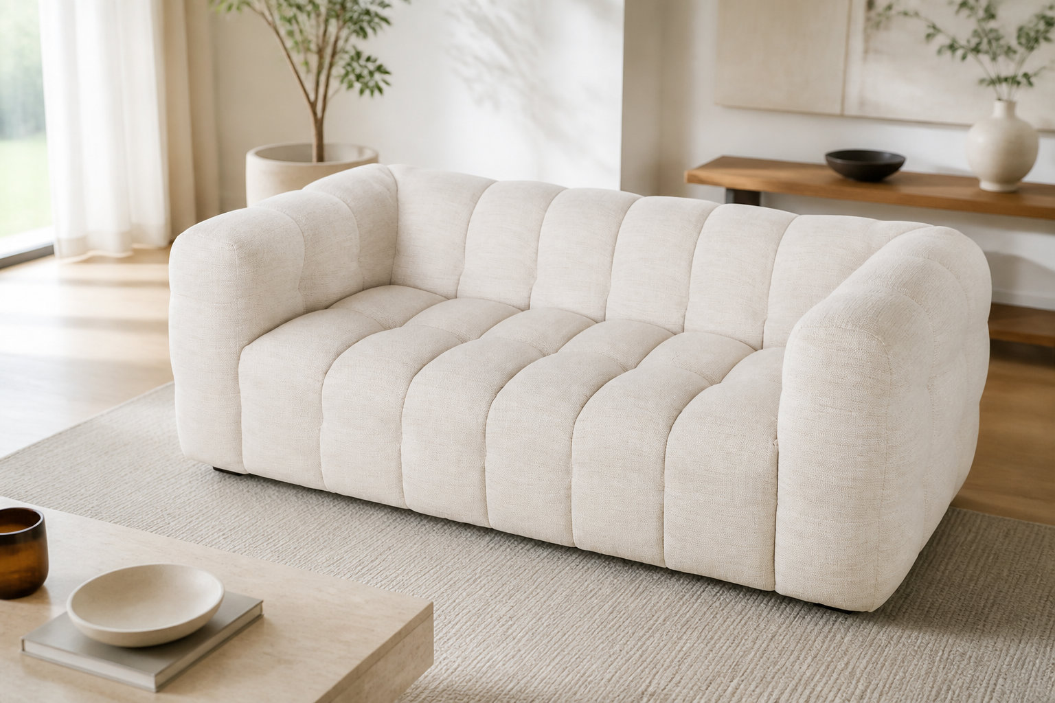 Canapé nuage 2 places en tissu beige sable - LILO : format compact