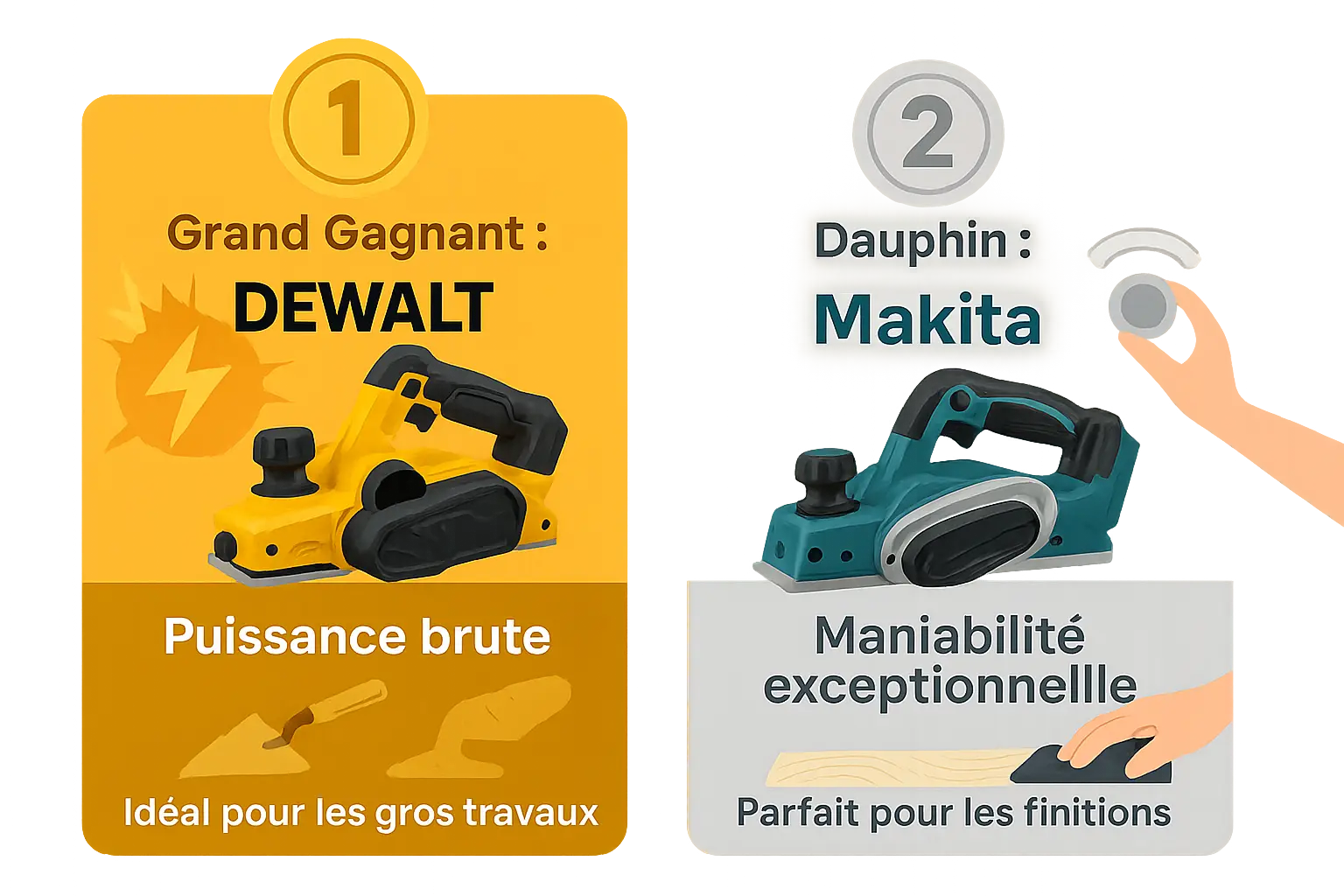Comparaison des rabots sans fil DEWALT et Makita