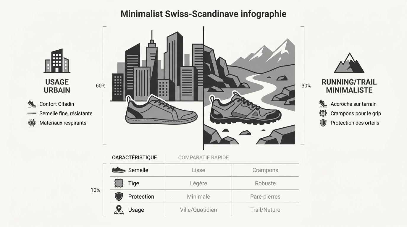 Comparaison visuelle entre une chaussure barefoot de ville et un modèle de trail avec crampons