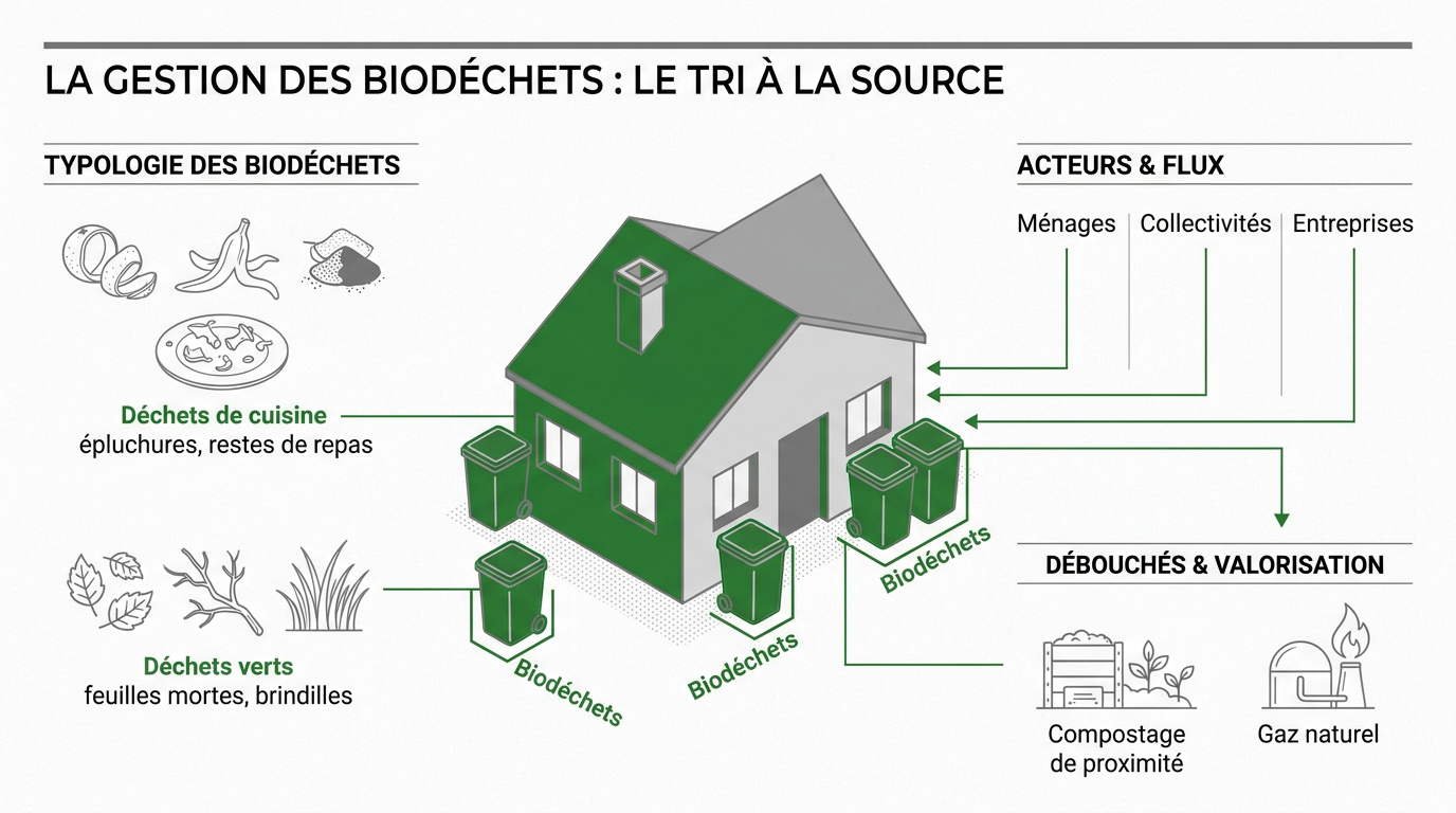 Point de collecte et bacs de tri pour biodéchets en milieu urbain