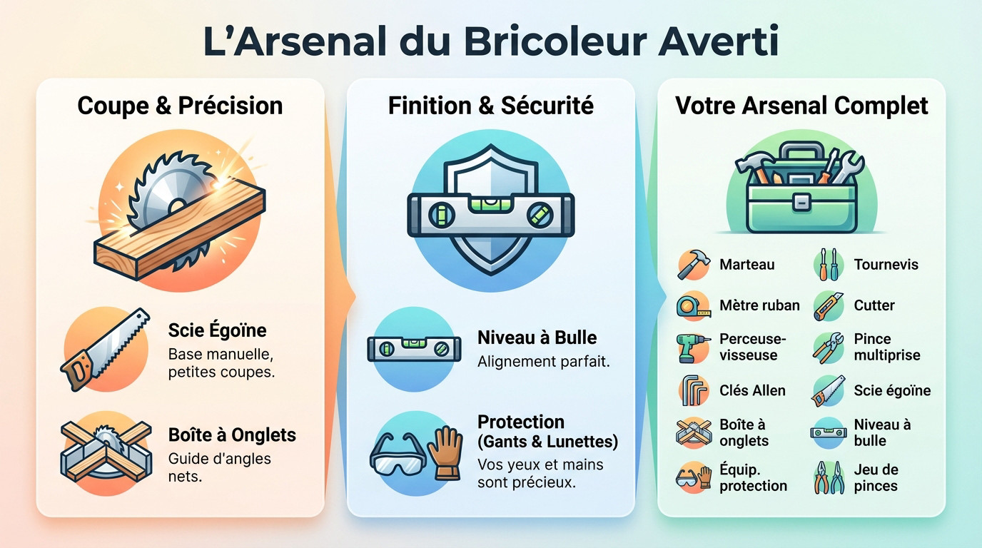 Vue d'ensemble d'un établi avec les outils indispensables pour débuter le bricolage