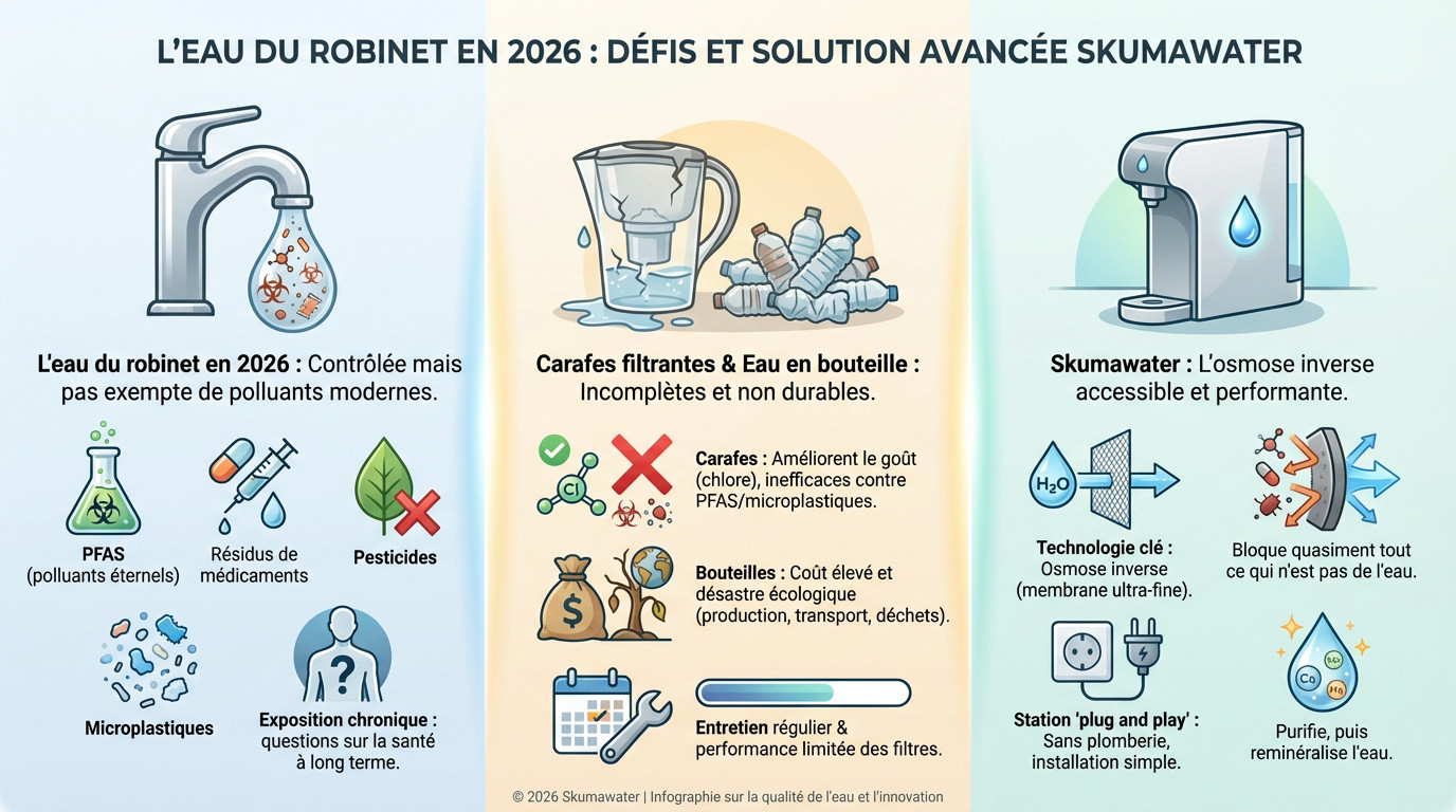 Comparaison entre eau du robinet polluée et solution de filtration Skumawater en 2026