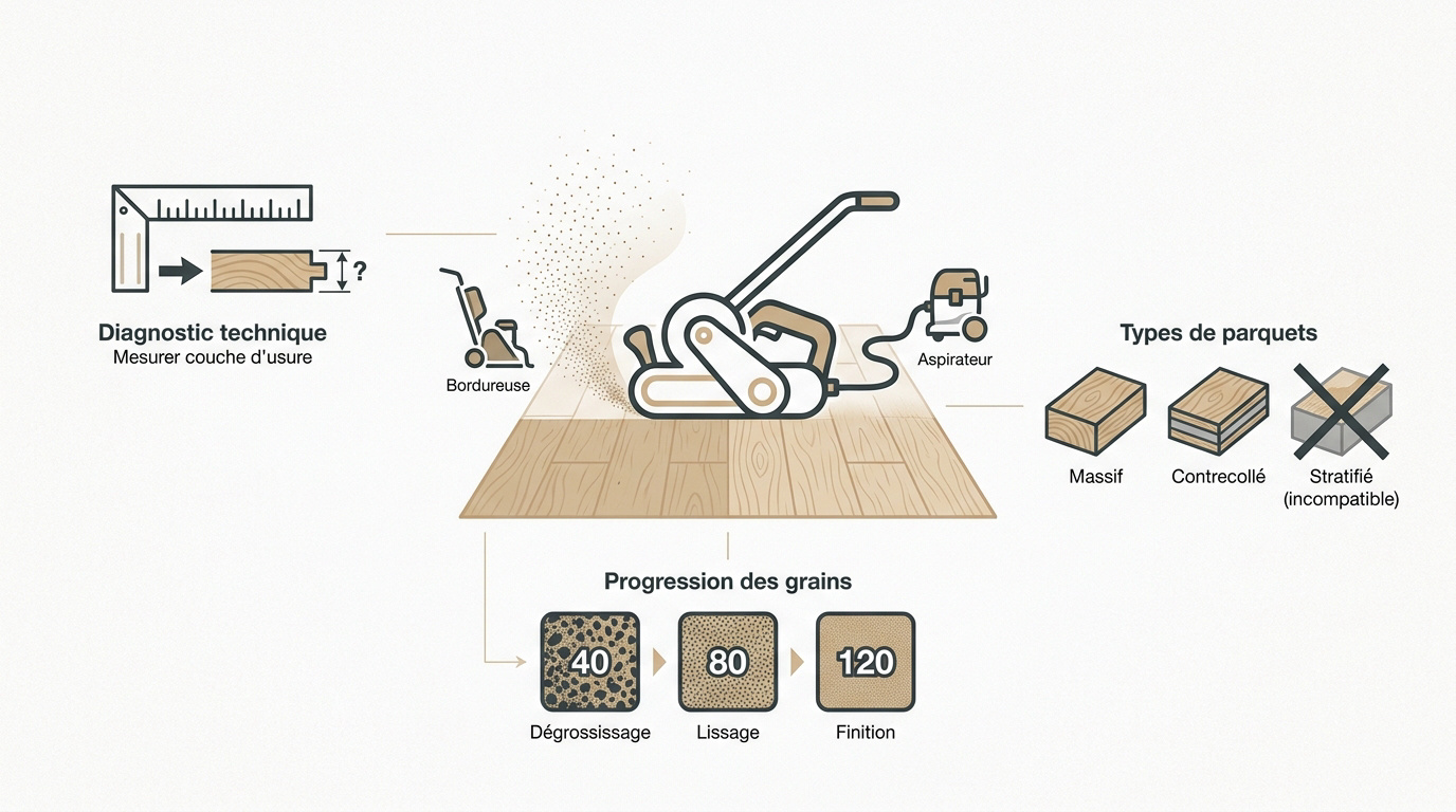 Infographie montrant les étapes du ponçage de parquet du dégrossissage à la finition