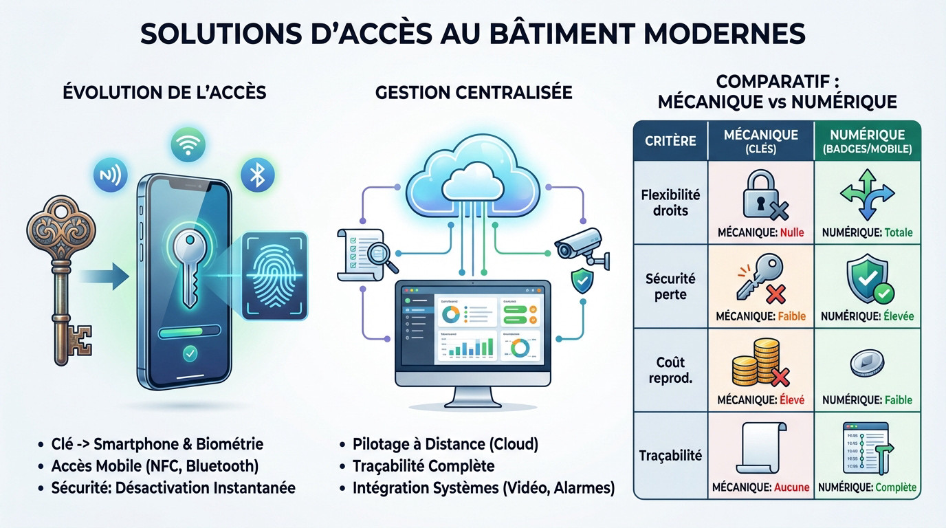 Système de contrôle d'accès moderne sur smartphone remplaçant les clés traditionnelles