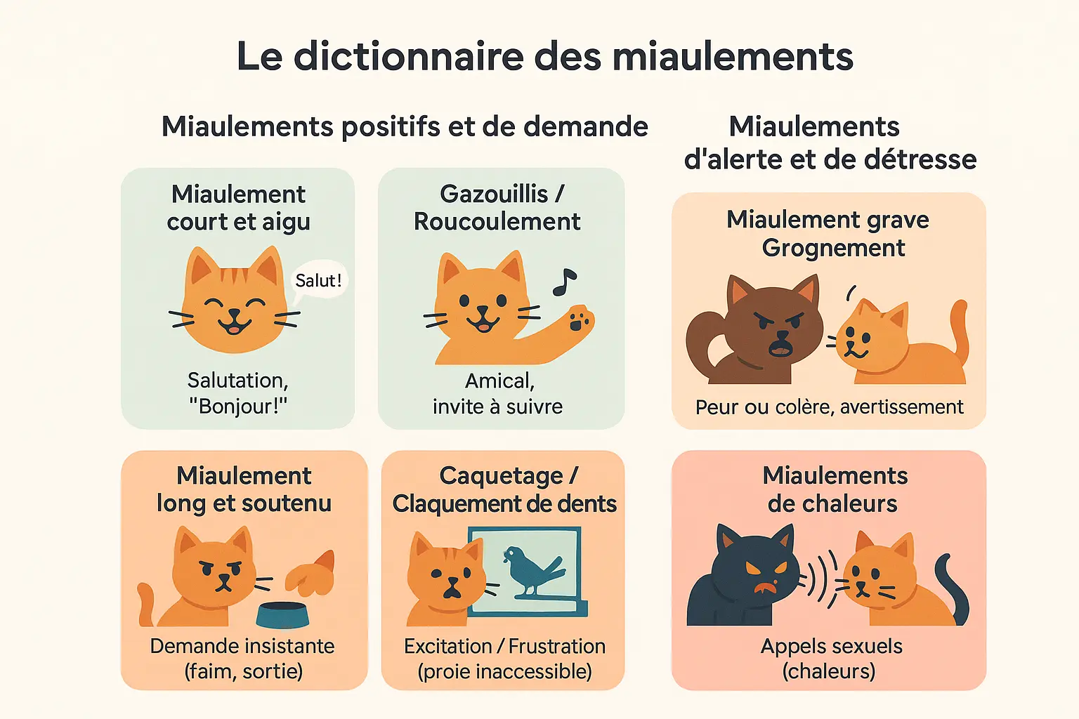 Schéma explicatif des différents types de miaulements de chat avec langage corporel associé