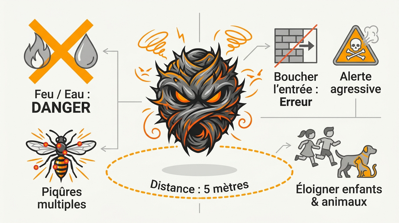 Infographie sur les consignes de sécurité et les dangers face à un nid de guêpes