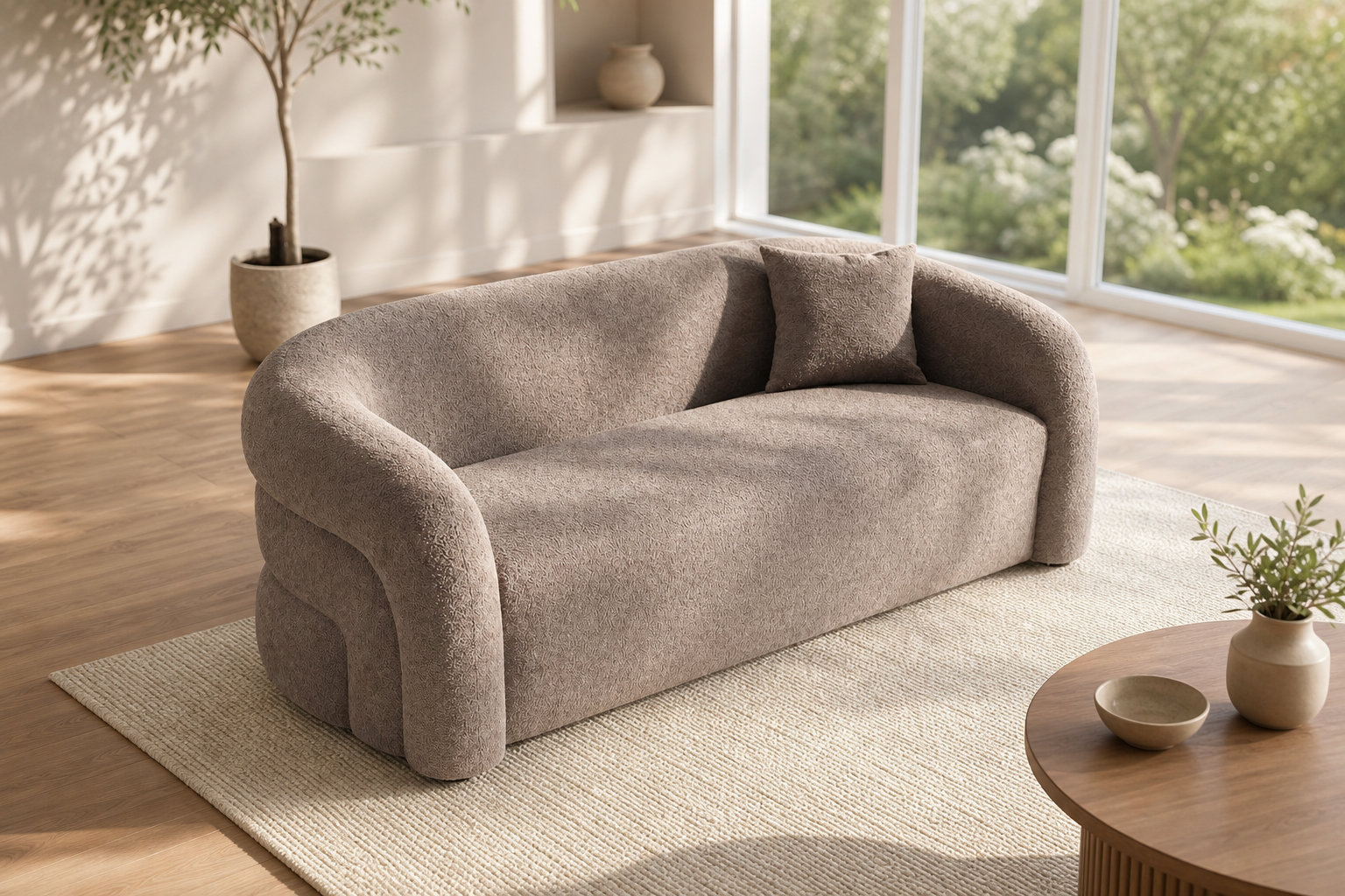 Canapé arrondi 3 places en tissu bouclette taupe - LAPIOTA