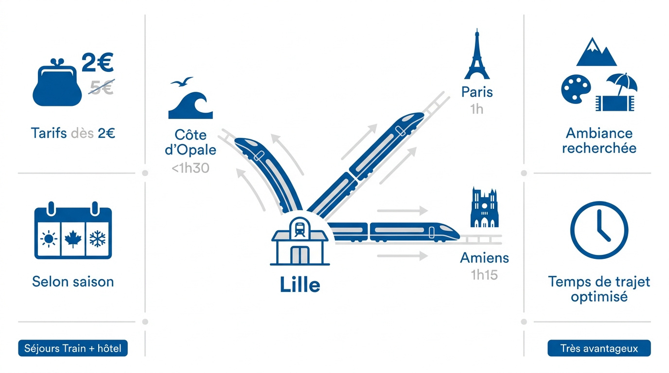 Voyageurs en gare de Lille prêts pour un weekend en train