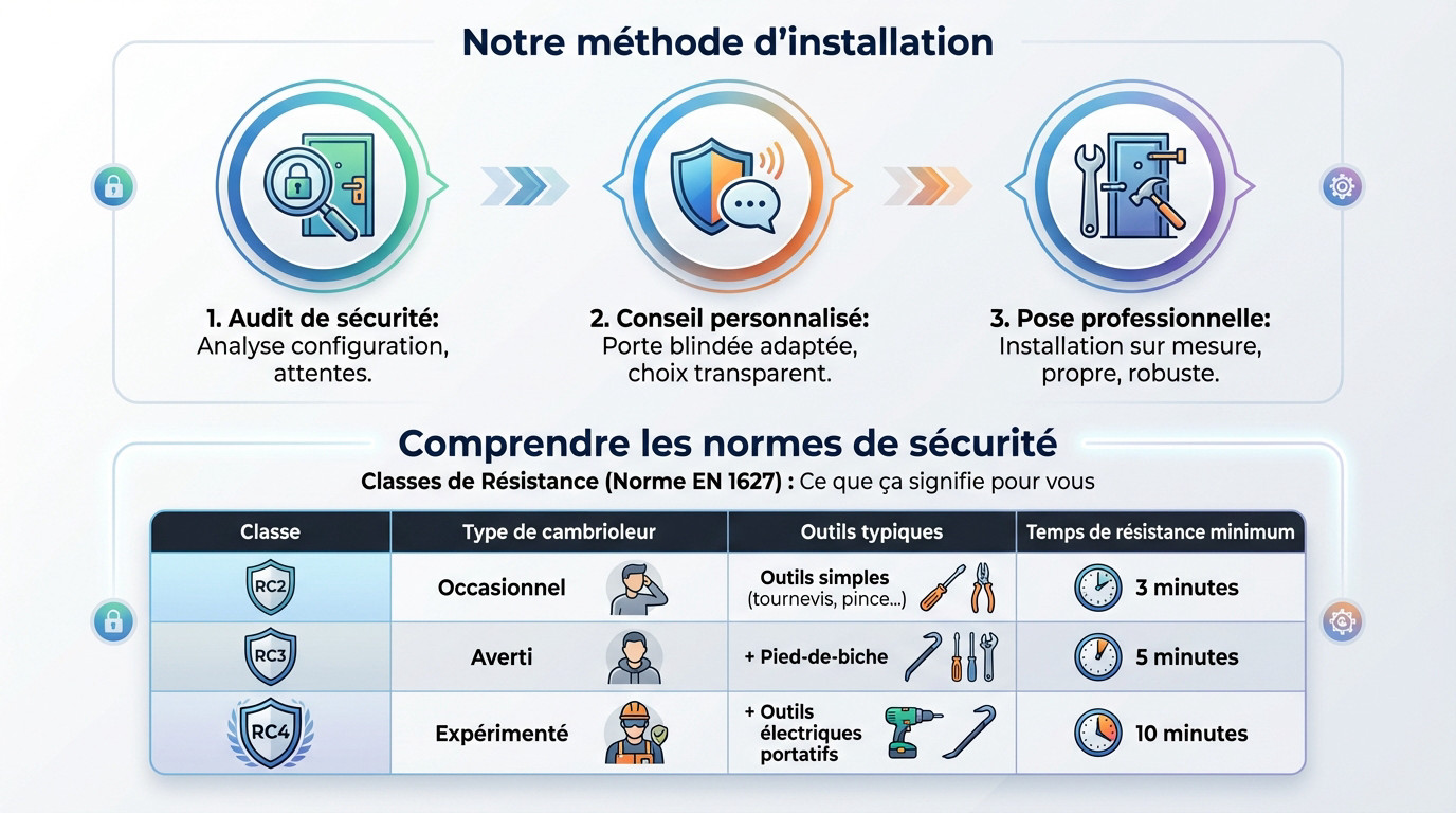 Technicien réalisant une installation de porte blindée conforme aux normes de sécurité à Bruxelles