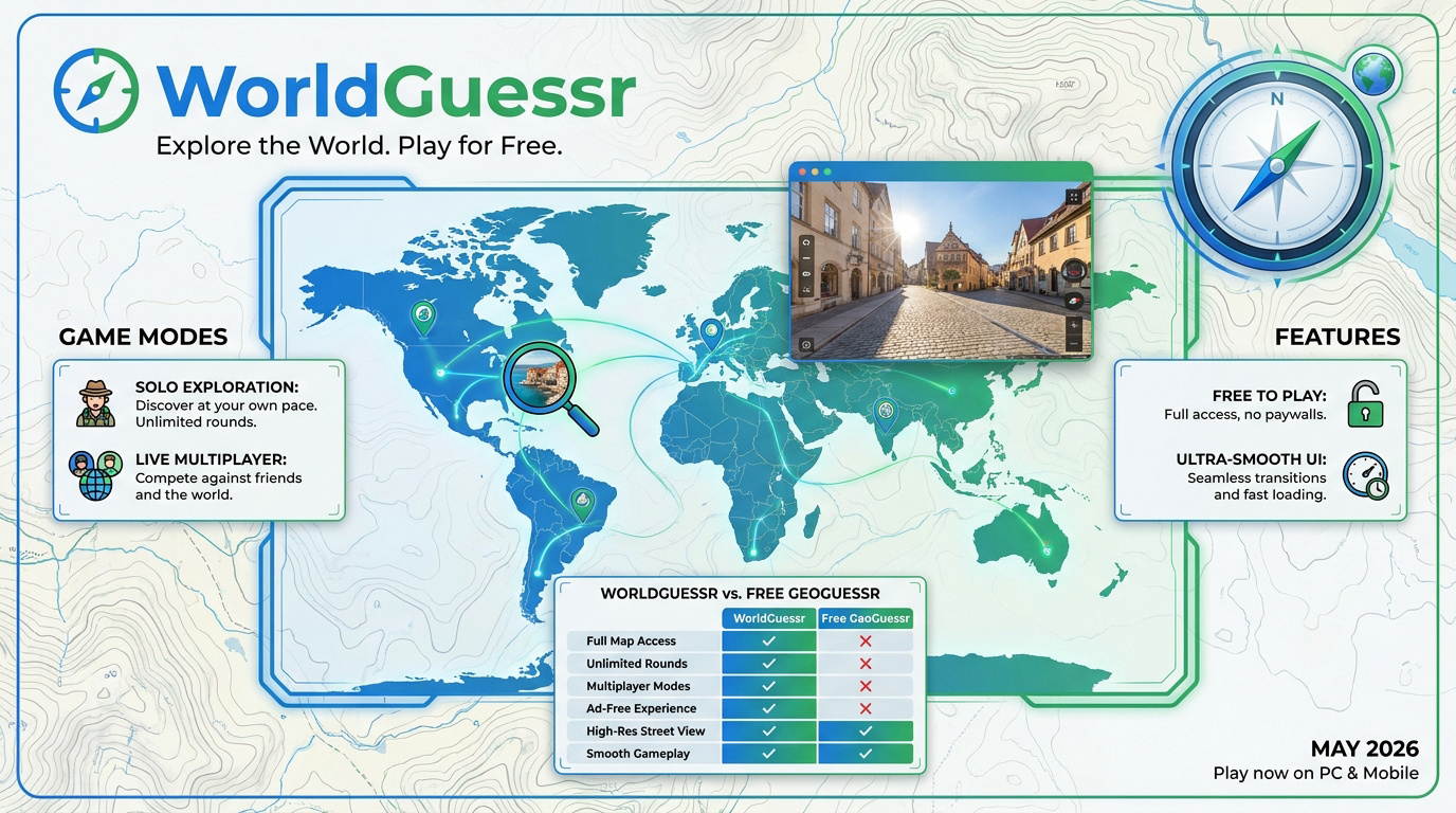 Interface de jeu WorldGuessr montrant une vue Street View pour localiser un lieu