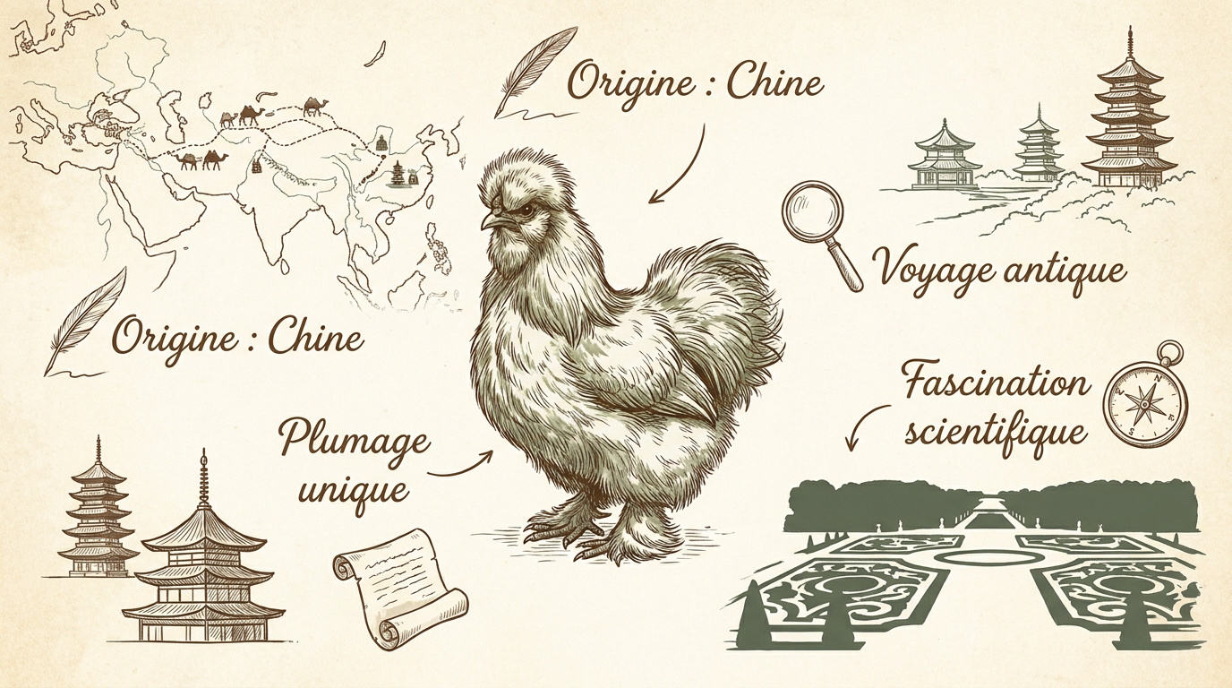 Illustration historique de la poule Soie sur la route de la soie