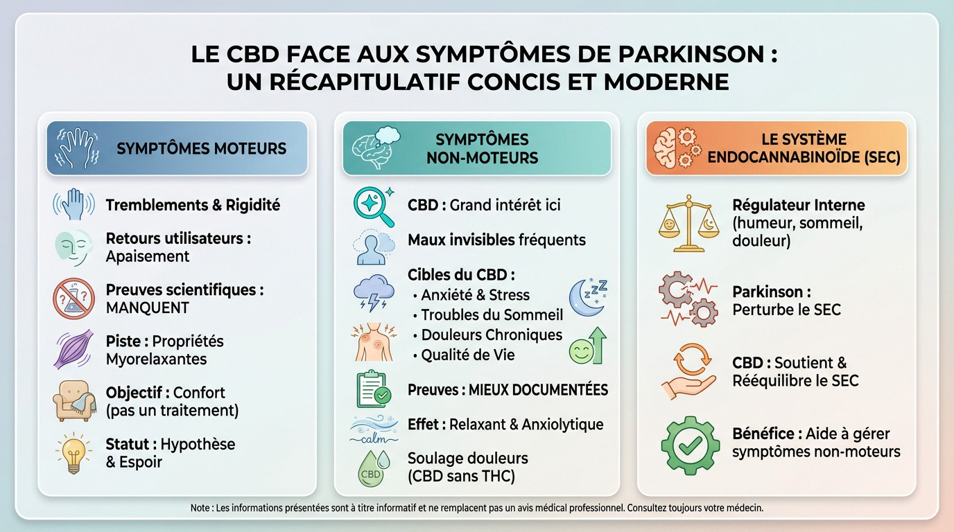 Schéma récapitulatif des effets potentiels du CBD sur les symptômes moteurs et non-moteurs de Parkinson