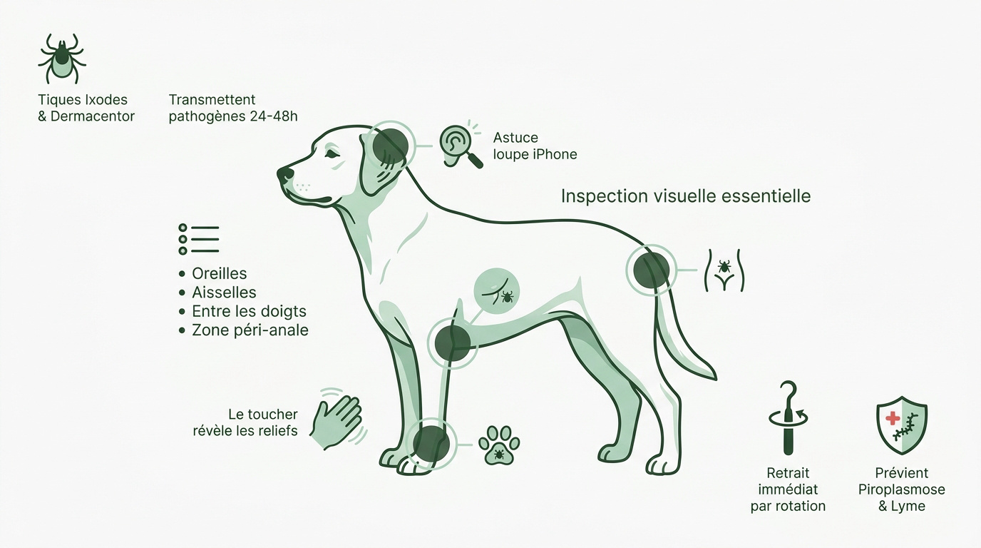 Infographie expliquant comment identifier et retirer les tiques sur un chien