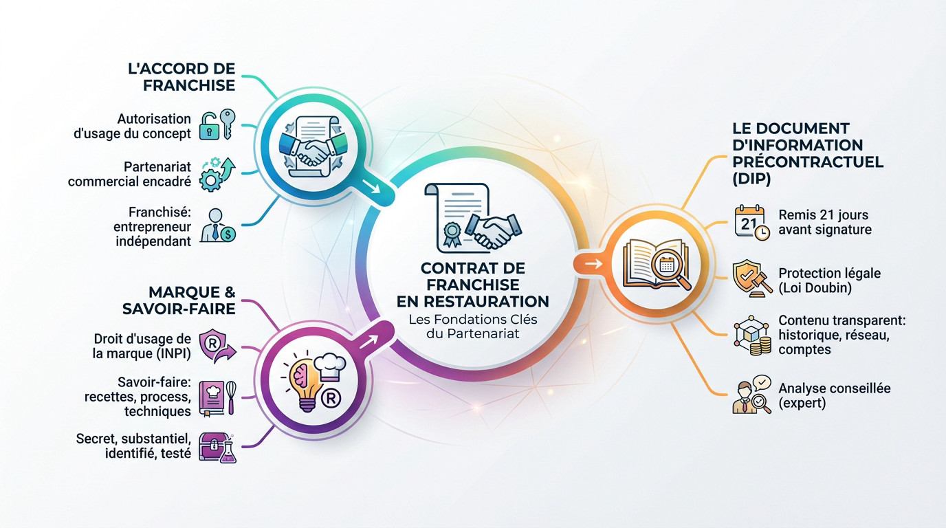 Schéma explicatif des fondations clés d'un contrat de franchise en restauration