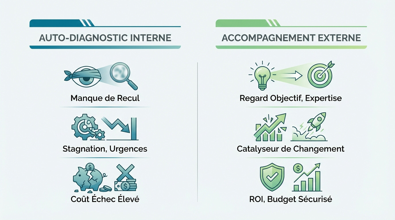 Comparatif entre auto-diagnostic interne et accompagnement par un consultant MASE externe