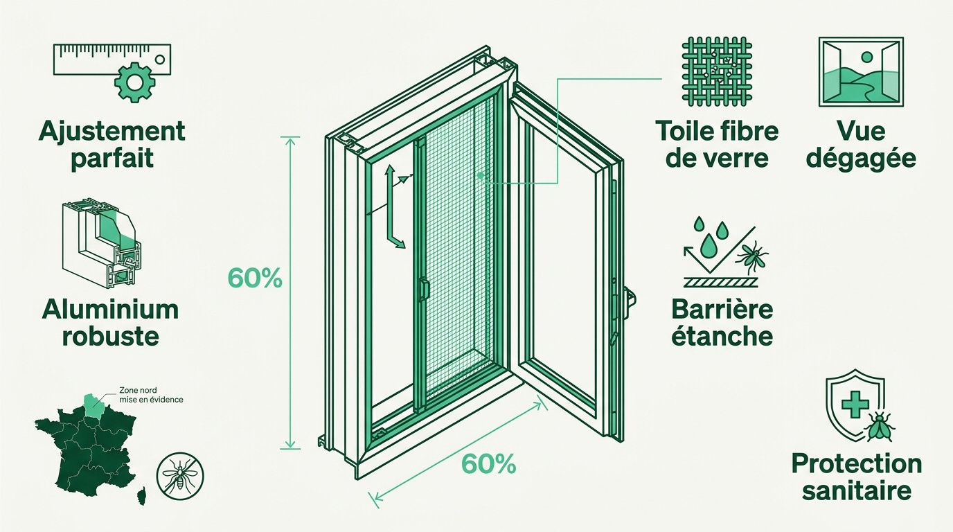 Infographie présentant les avantages d'une moustiquaire de fenêtre sur mesure en aluminium