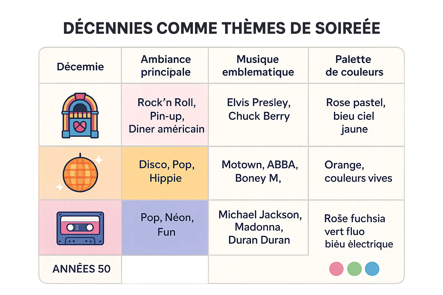 Illustration des décennies comme thèmes de soirée rétro